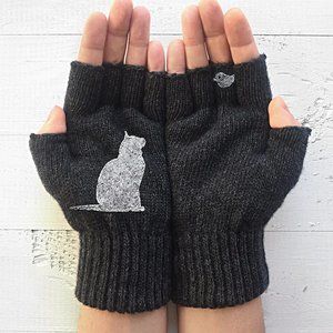 Artist Handmade CAT & BIRD Dark Grey FINGERLES GLOVES